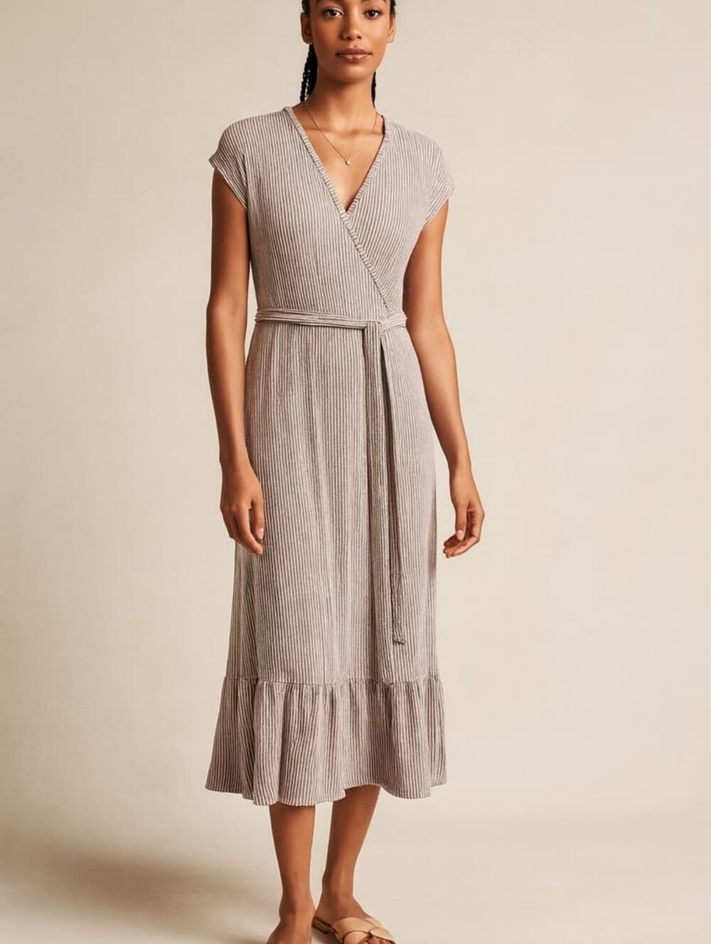 Caution To The Wind Striped Wrap Maxi Dress in Beige and White
